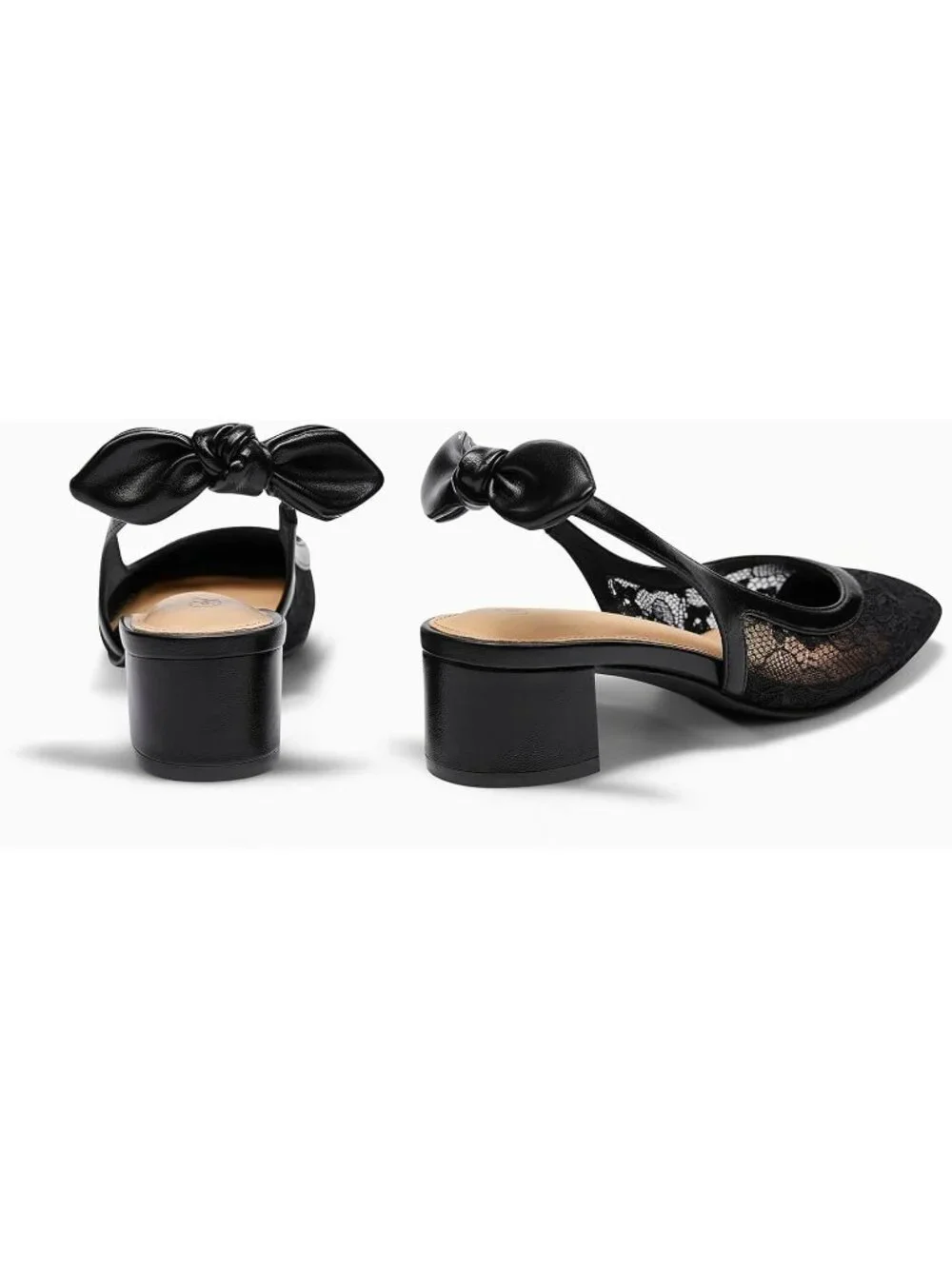 Women's Black Lace Chunky Low Heels Bow Slingback Closed Square Toe Pumps Shoes